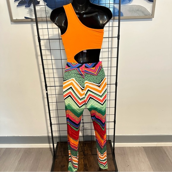 Women’s Orange 2-Piece Bodysuit Multi Color Design Leggings Pants - Picture 16 of 17